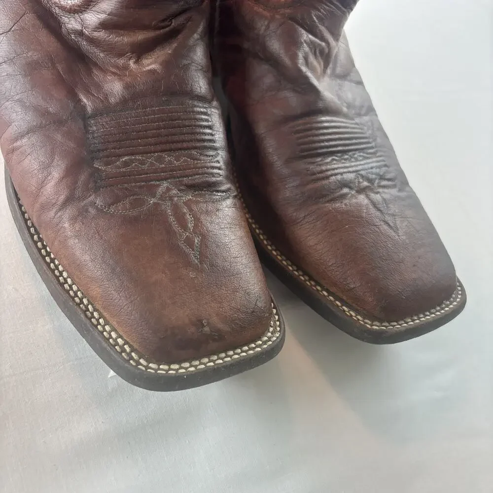 Justin Made in USA Square Toe Western Cowboy Brown Blue Leather Boots 13D Mens